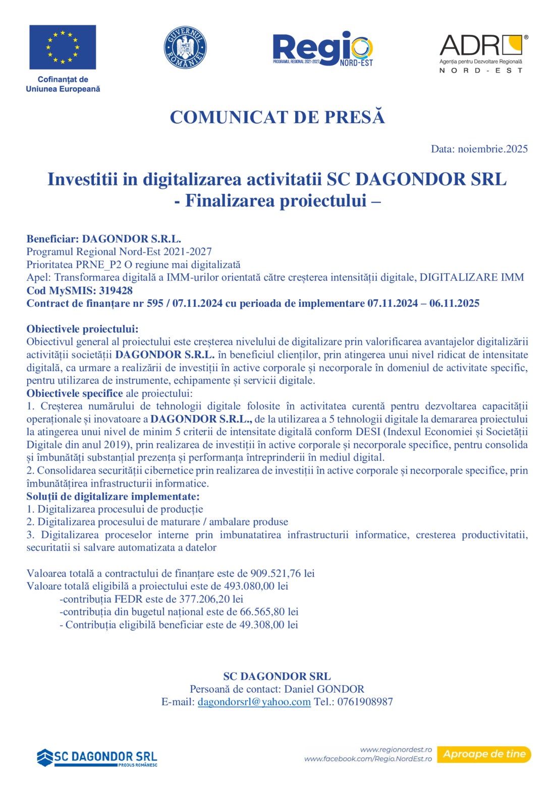 Comunicat de presă — proiect european Dagondor